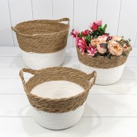 Корзины плетёные Круглые Набор 1/3 36*27 (±5%) из камыша и хлопка с ручками Натуральный/Белый 1/8 Арт: 420218/231
