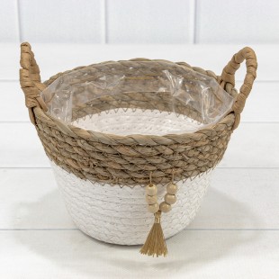 Корзина плетёная Круглая 18*13/17 (±5%) из камыша и бумаги с ручками Натуральный/Белый 1/96 Арт: 420126/1