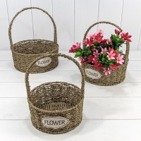 Корзины плетёные Круглые Набор 1/3 27*30 (±5%) из водорослей с ручкой Натуральный 1/12 Арт: 420155/3